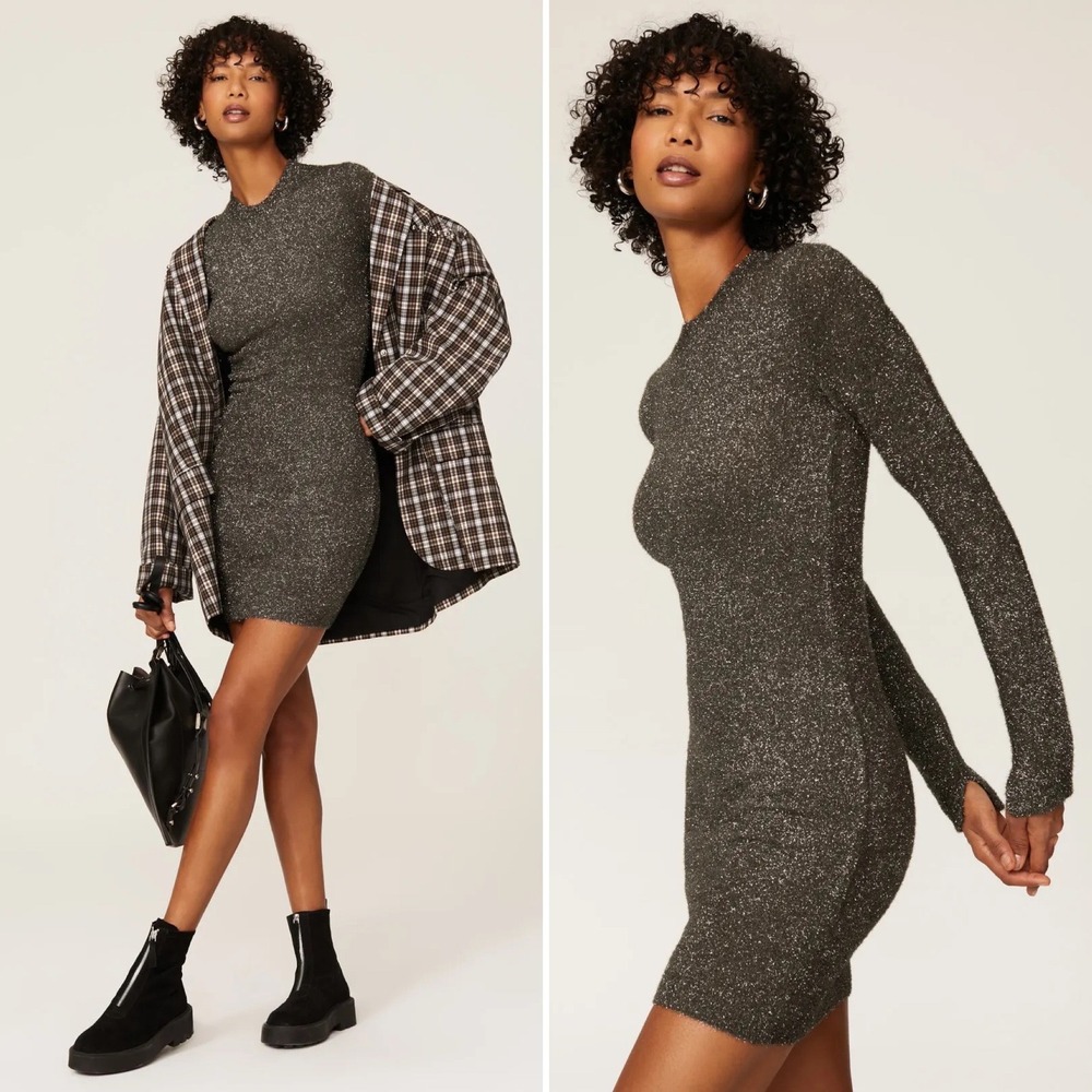 ALLSAINTS Sparkle Dress Long Sleeve Crew Neck Metallic‎ Knit Silver Grey Medium